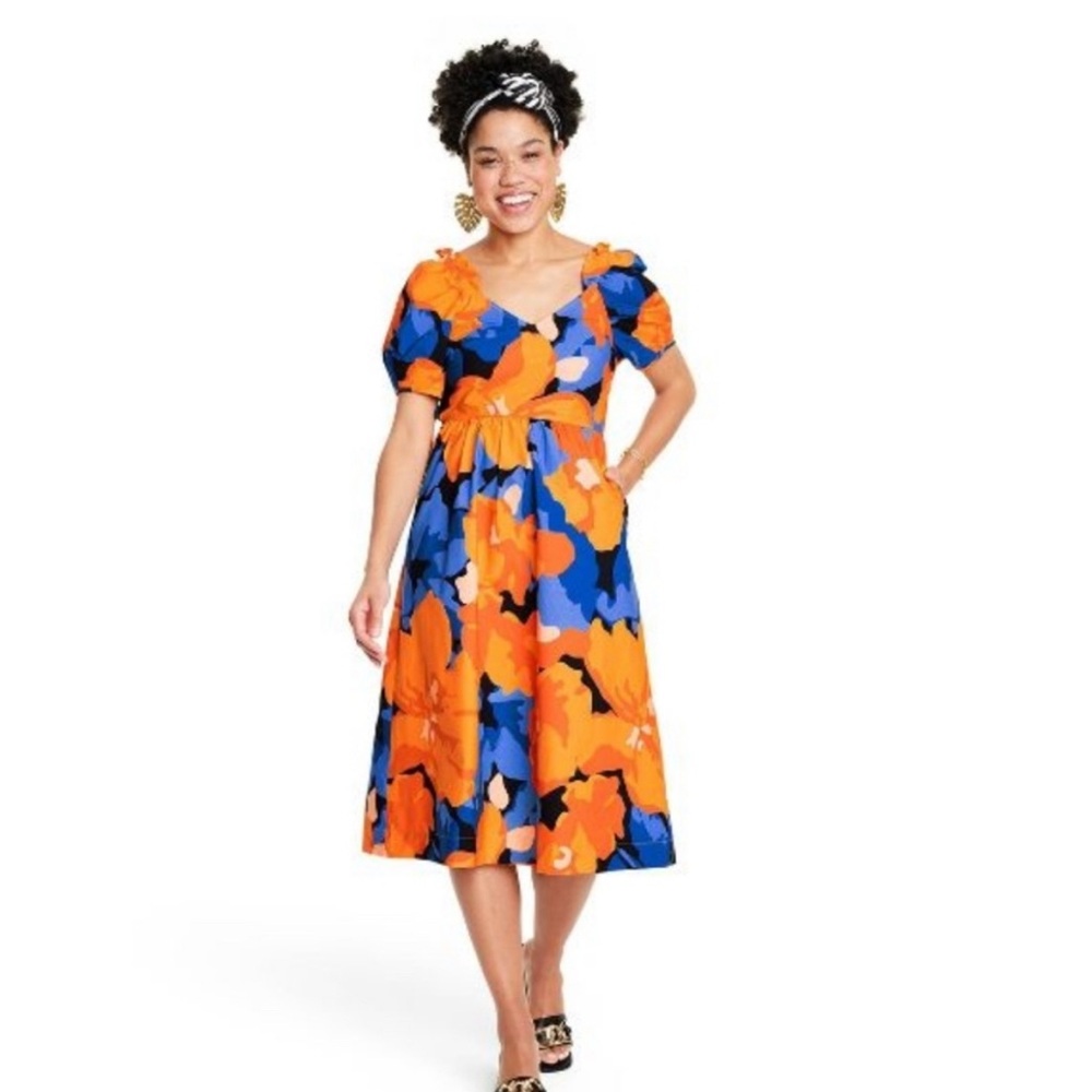 NWT Orange Blue Tabitha Brown for Target Puff Sleeve Dress Size 14